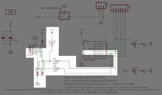 Digispark Schematic with circuitry connected to XTAL1 and XTAL2 pins highlighted.