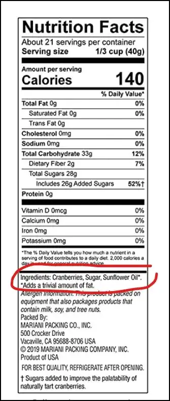 Nutrition Facts label for Mariani Dried Cranberries