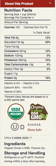 Whole Milk Nutrients panel