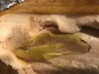 Yellow-green fiber-looking meat inside regular cooked chicken breast
