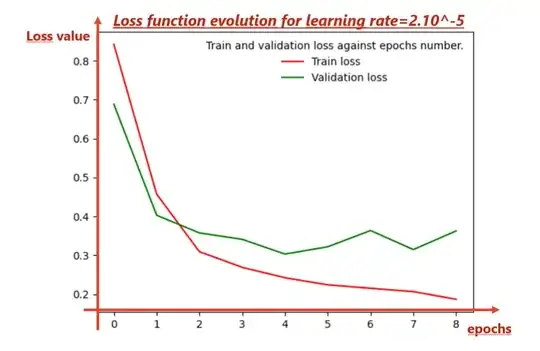 Loss function evolution over 8 epochs with learning rate equal to 2.10^-5