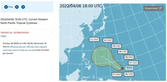 Taiwan's Central Weather Bureau tropical depression map, 2022-04-06, TD02; Position 061800Z at 4.0N 148.0E