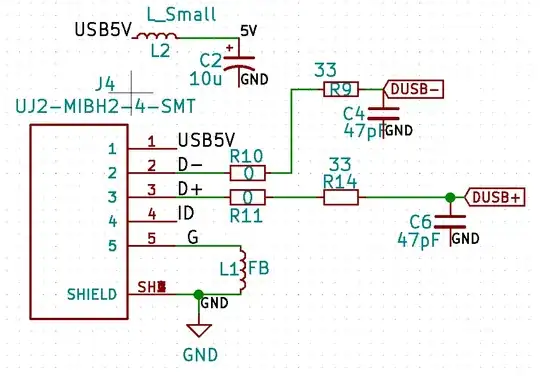 ground wire from USB cable connected to the ground plane through a FB while USB shield connects straight to the ground plane