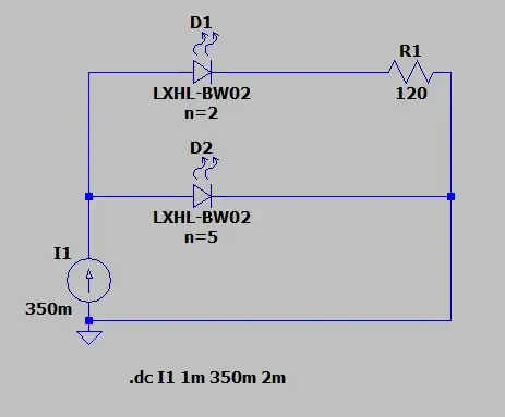 LTSpice schematic of the resistor limited dim to warm circuit