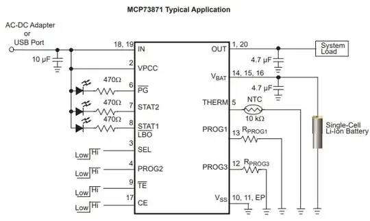 MCP73871 Typical Application circuit diagram from page 2 of the datasheet. Three LEDs with 470 ohm series resistors are connected from the input supply to the STAT1, STAT2, and PG# pins.