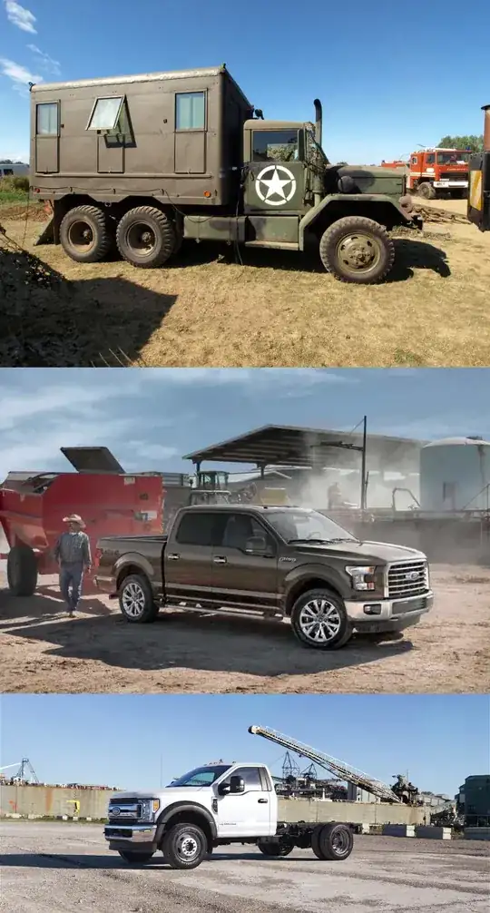 Photo collage of an M35 variant, a 2017 F-150, and a 2017 F-550.