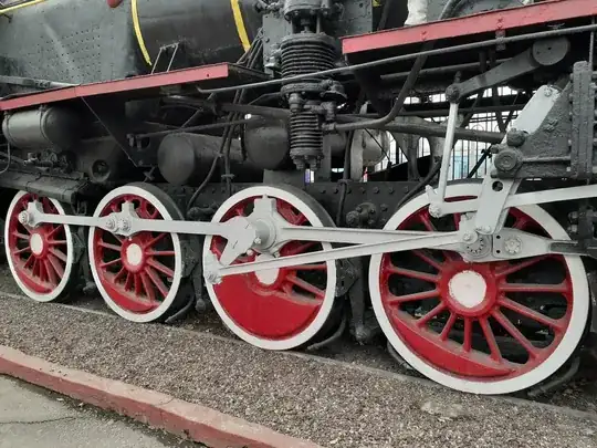 Picture of the wheels of a Soviet-era locomotive