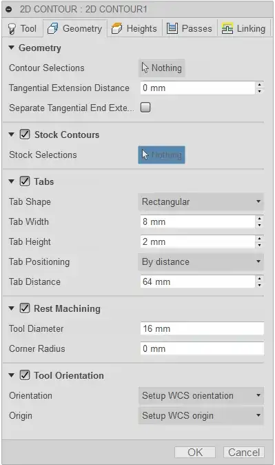 Fusion 360 dialog with 'tab' configuration