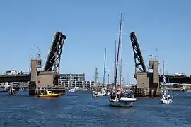 A double-leaf bascule bridge fully open