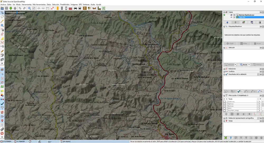 Datos importados a JOSM
