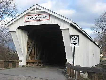 United States (Ohio):name=Geeting Bridgeref=13start_date=1894On the roadway:bridge:name=Geeting Bridgelanes=1maxweight=15 st