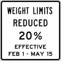 Ohio:maxweight:conditional=12 st @ (Feb 1-May 15)maxweight:hgv:conditional=12 st @ (Feb 1-May 15 AND axles=2); 36800 lbs @ (Feb 1-May 15 AND axles=3); 43200 lbs @ (Feb 1-May 15 AND axles=4); 49600 lbs @ (Feb 1-May 15 AND axles=5); 55600 lbs @ (Feb 1-May 15 AND axles=6); 31 st @ (Feb 1-May 15 AND axles>=7)maxweight:hgv_articulated:conditional=32 st @ (Feb 1-May 15)(80% of legal load limits for configurations 2F1, 3F1, 4F1/SU4, SU5, SU6, SU7, and 5C1, respectively)