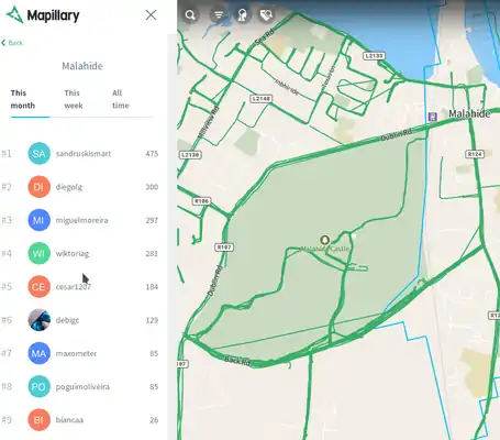 Daten, die unsere Schüler erfasst haben (grün) und die OSM-Namen der Erfasser (linke Spalte) in Mapillary Resultate in Mapillary