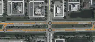 Intersection showing a Michigan Left turn