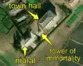 5/7 City centre concentrating a mural (artwork_type=mural and tourism=artwork), a tower of immortality (historic=memorial), with its shadow cast on the ground, and a city hall (amenity=townhall) (Maxar satellite imagery)