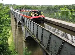 Narrowboat crossing the World Heritage Pontcysyllte Aqueduct in Wales