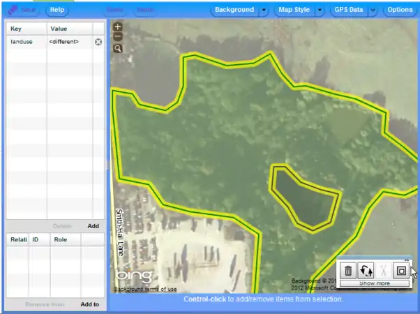 Esempio multipoligono in Potlatch 2 - compare l'icona a ciambella