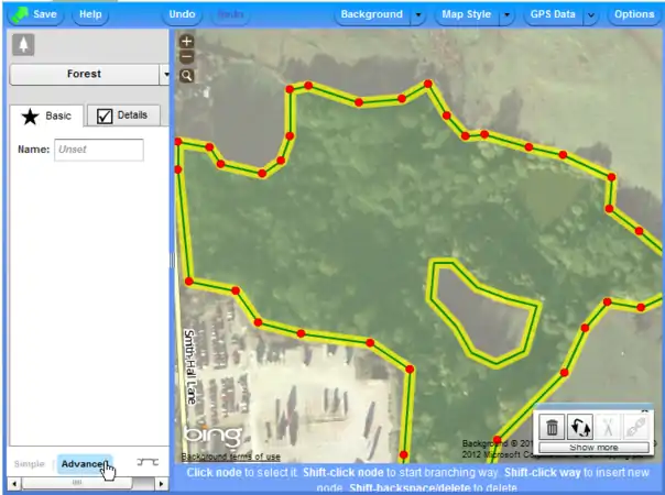 Esempio multipoligono in Potlatch 2 - clic su Advanced