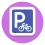 a blue square (similar to a street sign) with a white P (for "parking") in the top left and a white bike on the top right