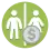 A simplistic white man and woman on a green background, separated by a white line in the middle. On the bottom right, there is a grey coin with a dollar sign ($).