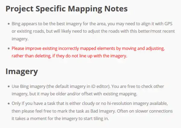 Konkrete Anweisungen welche Luftbilder (Satelliten- oder zum Beispiel bereitgestellte Drohnenaufnahmen) zu verwenden sind und was zu Mappen ist (Gebäude, Wasser, Schulen, etc.)