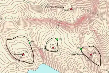 USGS Topographic Map showing contour lines and key saddles around 3 peaks