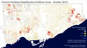Map of Toronto showing building simplification problem areas