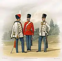 Headquarters and Chief Officers in full dress, Private in marching uniform (1855–1857)