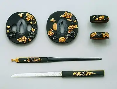 Sword fittings. Tsuba (top left) and fuchigashira (top right) made by Ishiguro Masayoshi in the 18th or 19th century. Kogai (middle) and kozuka (bottom) made by Yanagawa Naomasa in the 18th century.