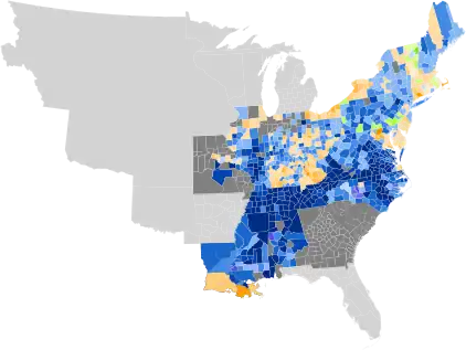 Results by county, shaded according to winning candidate's percentage of the vote