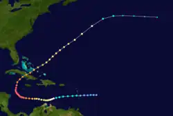 The track of the 1932 Cuba hurricane, with the track beginning at bottom-center, tracing towards the left and then curving to the upper-right corner of the image.