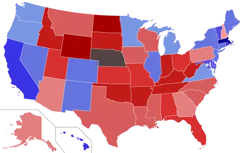 Upper house seats by party holding majority in each state
 

Republican&nbsp;&nbsp;50–60%&nbsp;&nbsp;60–70%&nbsp;&nbsp;70–80%&nbsp;&nbsp;80–90%&nbsp;&nbsp;90–100%
Democratic&nbsp;&nbsp;50–60%&nbsp;&nbsp;60–70%&nbsp;&nbsp;70–80%&nbsp;&nbsp;80–90%&nbsp;&nbsp;90–100%