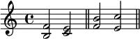 \new Voice \relative c' {
\clef treble \key c \major \time 4/4
<b f'>2 <c e> \bar "||"
<f b>2 <e c'> \bar "||"
}