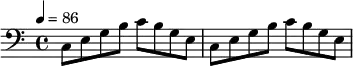 {
\tempo 4 = 86
\clef bass
c8 e g b
c' b g e
c8 e g b
c' b g e
}