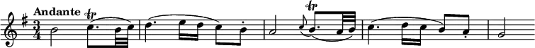 \relative c'' { \set Score.tempoHideNote = ##t \tempo "Andante" 4=70 \key g \major \time 3/4
b2 c8.\trill ( b32 c) d4.( e16 d c8) b-. a2
\appoggiatura c8 b8.\trill ( a32 b) c4.( d16 c b8) a-. g2
}