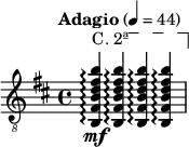 \relative c \new Staff {
\key b \minor \time 4/4 \clef "treble_8"
\set Staff.midiInstrument = "acoustic guitar (nylon)"
\tempo "Adagio" 4 = 44
\override TextSpanner #'dash-fraction = #'()
\override TextSpanner #'font-shape = #'upright
\override TextSpanner #'(bound-details left text) = \markup { "C. 2ª" }
\override TextSpanner #'(bound-details right text) = \markup { \draw-line #'(0 . -2) }
\override TextSpanner #'(bound-details right padding) = #-3
\override TextSpanner #'(bound-details left stencil-align-dir-y) = #0.8
\stemUp
<b fis' b d fis b>4\mf\arpeggio \startTextSpan q\arpeggio q\arpeggio q\arpeggio \stopTextSpan |
}