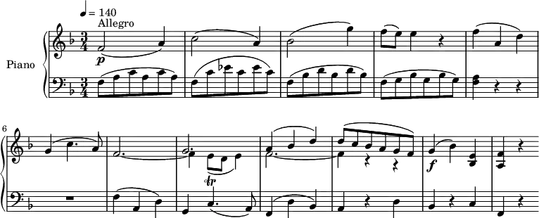 \header {
tagline = ##f
}
upper= \relative c' {
\clef treble
\key f \major
\time 3/4
\tempo 4 = 140
\set Staff.midiInstrument = #"piano"
f2\p^\markup { Allegro } (a4)
c2 (a4)
bes2 (g'4)
f8 (e) e4 r4
f4 (a, d)
g, (c4. a8)
<< {s2. g2.} \\ { \stemUp f2.~ \stemDown f4 e8\trill (d e4)} >> % attention les liaisons de tenues sont avec ~, celle de phrasé avec ()
<<{a4^(bes d) d8 (c bes a g f)} \\ { f2.~ f4 r4 r4 } >> % même problème liaison = ~ ; phrasé = ()
g4\f (bes) <bes, e>
<a f'> r4
}
lower=\relative c { \set Staff.midiMaximumVolume = #0.7
\clef bass
\key f \major
\numericTimeSignature
\time 3/4
f8 (a c a c a)
f8 (c' ees c ees c)
f,8 (bes d bes d bes)
f8 (g bes g bes g)
<f a>4 r4 r4
R2.
f4 (a, d)
g, c4. (a8)
f4 (d' bes)
a4 r4 d
bes r4
c f, r4
}
\score {
\new PianoStaff \with { instrumentName = #"Piano" }
<<
\new Staff = "upper" \upper
\new Staff = "lower" \lower
>>
\layout { }
\midi { } }
