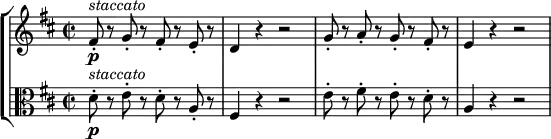 \new StaffGroup <<
\new Staff \relative fis' { \key d \major \time 2/2
fis8-. \p ^\markup { \italic "staccato" } r g-. r fis-. r e-. r | d4 r r2
g8-. r a-. r g-. r fis-. r | e4 r r2 }
\new Staff \relative d' { \key d \major \time 2/2 \clef "alto"
d8-. \p ^\markup { \italic "staccato" } r e-. r d-. r a-. r | fis4 r r2
e'8-. r fis-. r e-. r d-. r | a4 r r2
} >>