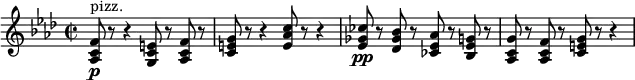 \relative c' {
\new Staff {
\set Staff.midiInstrument = #"pizzicato strings" \key f \minor \clef treble \time 2/2 \set Score.tempoHideNote = ##t \tempo 2 = 50
<as c f>8 ^"pizz." \p r8 r4 <g c e>8 r8 <as c f>8 r8 |
<c e g>8 r8 r4 <e as c>8 r8 r4 |
<es ges ces>8 \pp r8 <des ges bes>8 r8 <ces es as>8 r8 <bes es g>8 r8 |
<as c g'>8 r8 <as c f>8 r8 <c e g>8 r8 r4 |
}
}