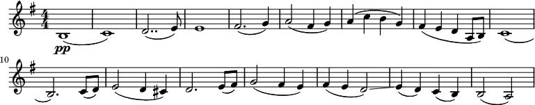 \relative c' { \set Score.tempoHideNote = ##t \tempo 4 = 72 \set Staff.midiInstrument = #"cello" \clef treble \key g \major \numericTimeSignature \time 4/4 b1\pp( | c) | d2..( e8) | e1 | fis2.( g4) | a2( fis4 g) | a( c b g) | fis( e d a8 b) | c1( | b2.) c8( d) | e2( d4 cis) | d2. e8( fis) | g2( fis4 e) | fis( e d2)\glissando | e4( d) c( b) | b2( a) }