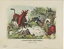 Bull has charged the picnic, which is in complete disarray