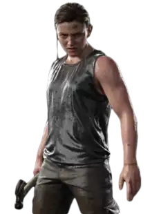 An image of a young woman, lightly soaked by water, with brown hair and a muscular physique. She angrily looks slightly to the right, and has a hammer in her hand.