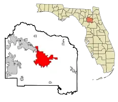 Location in Alachua County, city (as of 2007) in red, and in the state of Florida