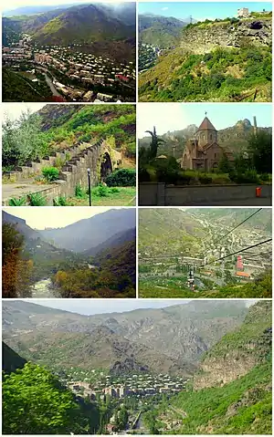 From top left:Alaverdi skyline • Old caves in Alaverdi Alaverdi-Sanahin bridge • Gregory of Narek ChurchDebed River • The copper combine and cable carPanoramic view of Alaverdi