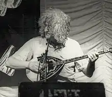 Alec Finn on stage with De Dannan at the 1985 Trowbridge Folk Festival