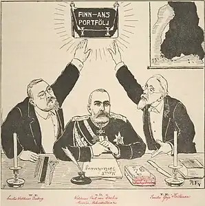 Political cartoon by Alex Federley in 1891, von Daehn criticized by senators for having given in to signing the 1890 Postal Manifest&nbsp;[fi] by Alexander III