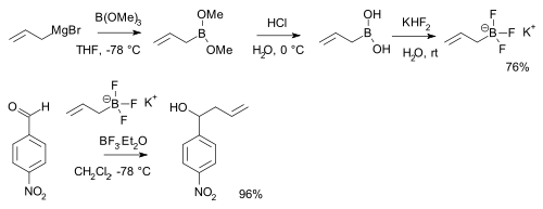 Allylmagnesium bromide reacts with trimethyl borate in THF at -78 °C to dimethyl allylborate. The boronic ester then hydrolyzes in hydrochloric acid to the trifluoroborate. The trifluoroborate then adds to p-nitrobenzaldehyde in dichloromethane with diethyl-etheryl boron trifluoride.