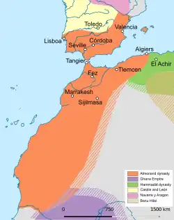 The Almoravid empire at its greatest extent, c. 1120.