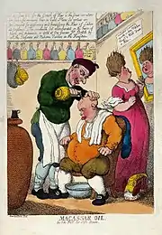 "Macassar oil", from Iconographic Collections c. 1814, lampooning the false claim in some advertisements that Macassar oil would stimulate hair growth on balding men