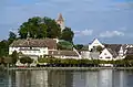 Endingerhorn fortification and medieval town hall at the Einsiedlerhaus building, as seen from ZSG paddle steamer Stadt Rapperswil